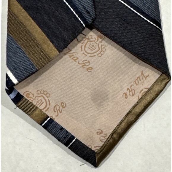 Vintage Via Re Mens Embroidered Crest Textured Regimental Striped Blue Brown Tie - Picture 5 of 7